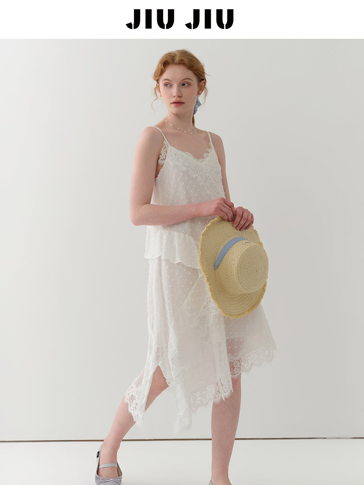 Dot-Textured Asymmetric Lace Cami Dress