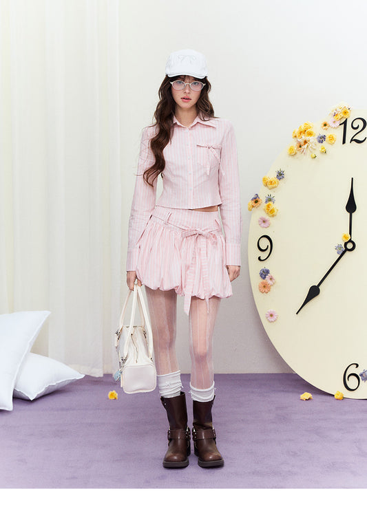 Striped Cropped Shirt & Belted Bubble Skirt