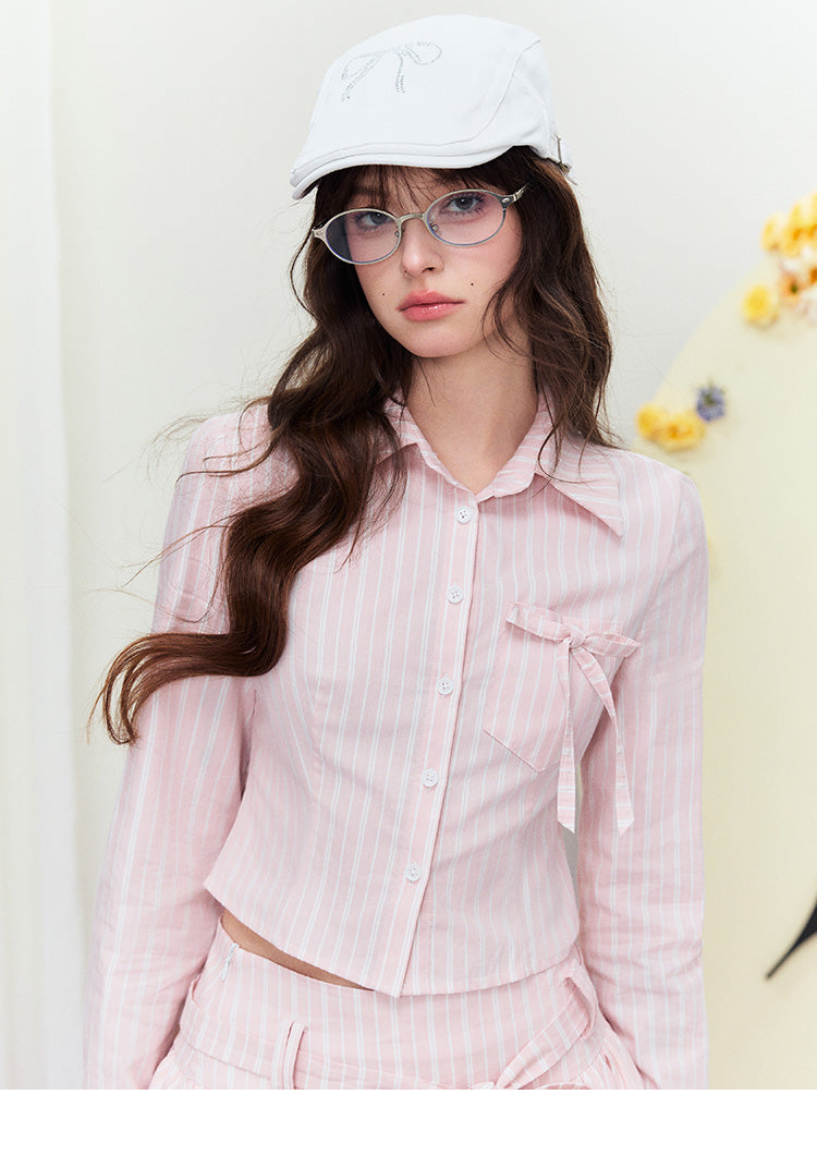 Striped Cropped Shirt & Belted Bubble Skirt