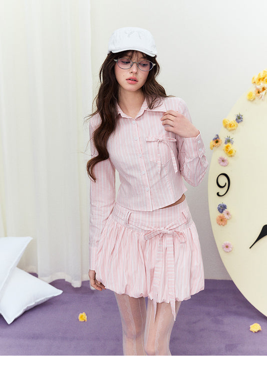 Striped Cropped Shirt & Belted Bubble Skirt