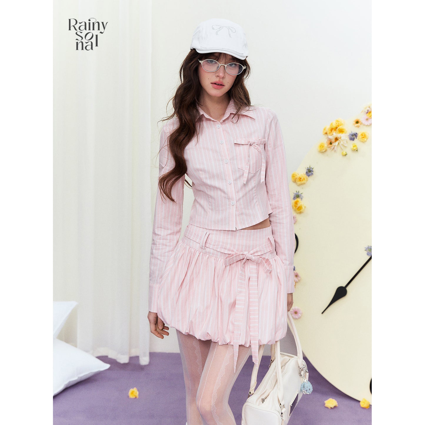 Striped Cropped Shirt & Belted Bubble Skirt