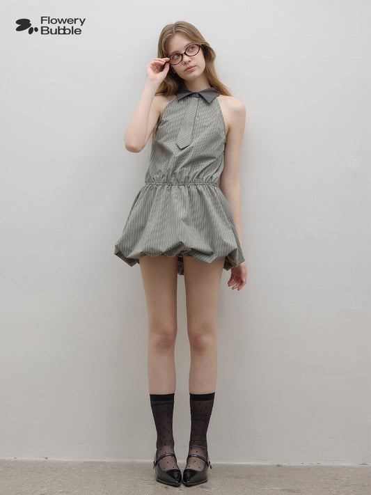 Bubble Shirt Dress With Cinched Waist And Neck Tie
