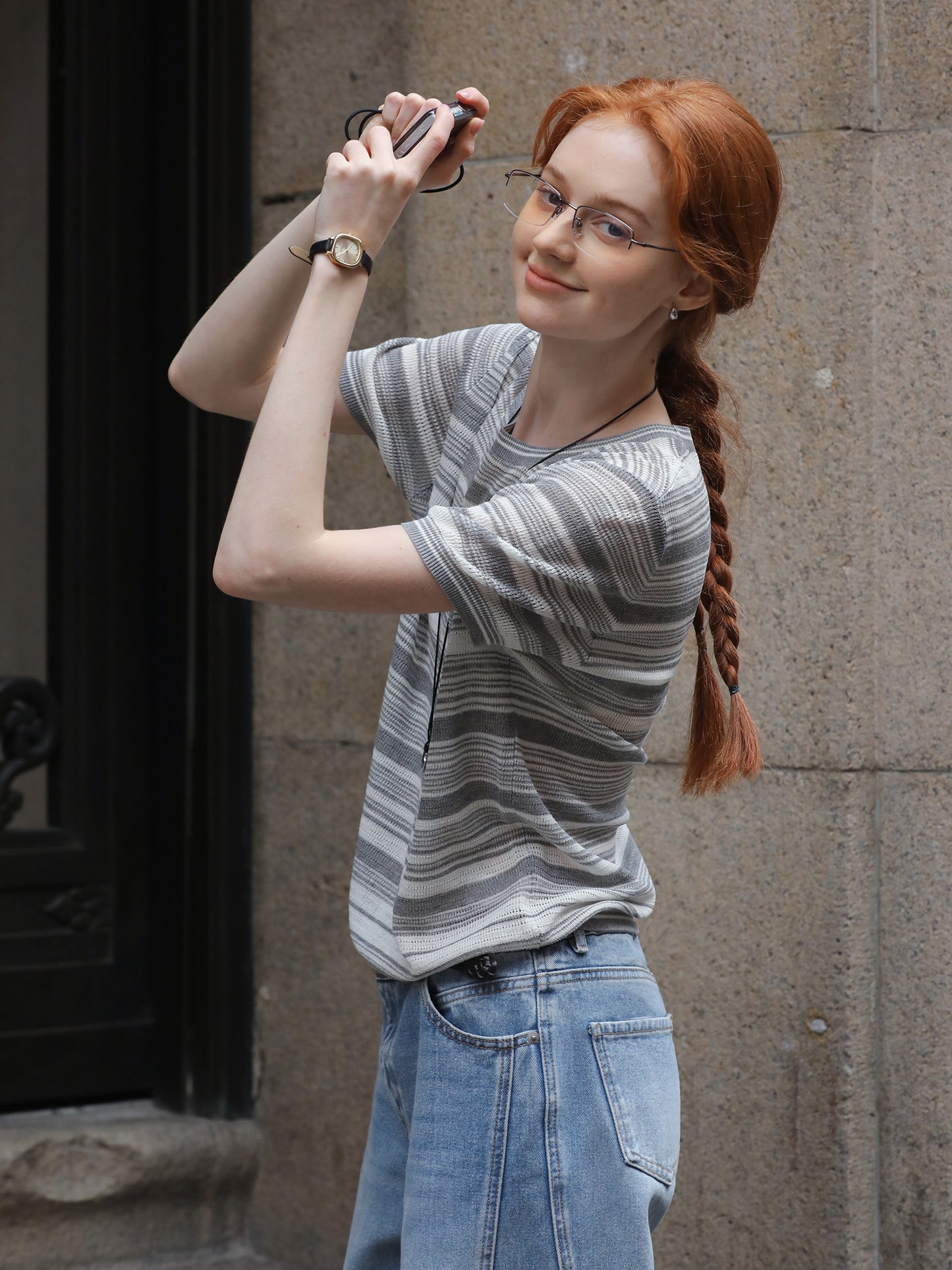 Short-Sleeve Striped Knit Top
