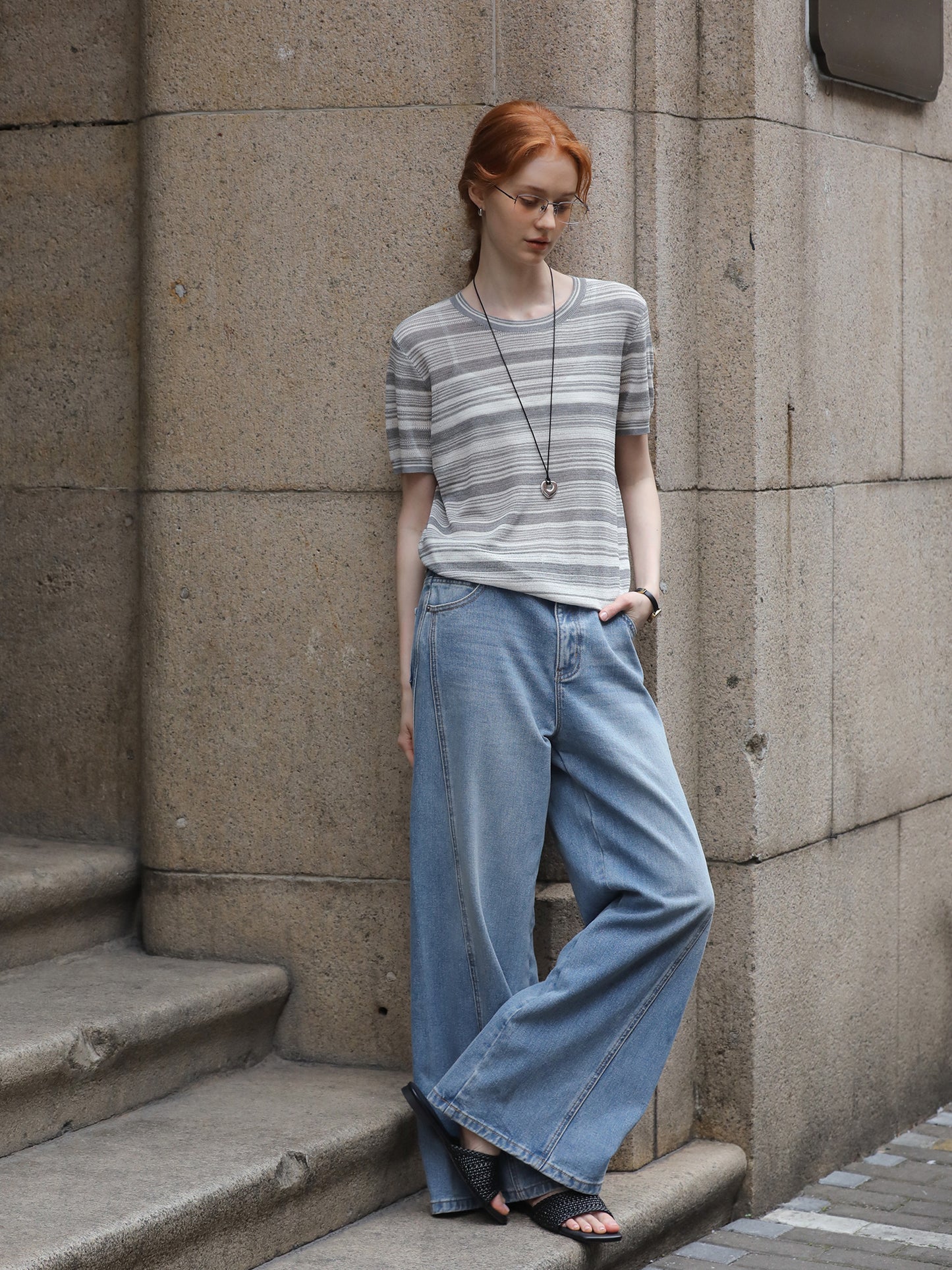 Short-Sleeve Striped Knit Top
