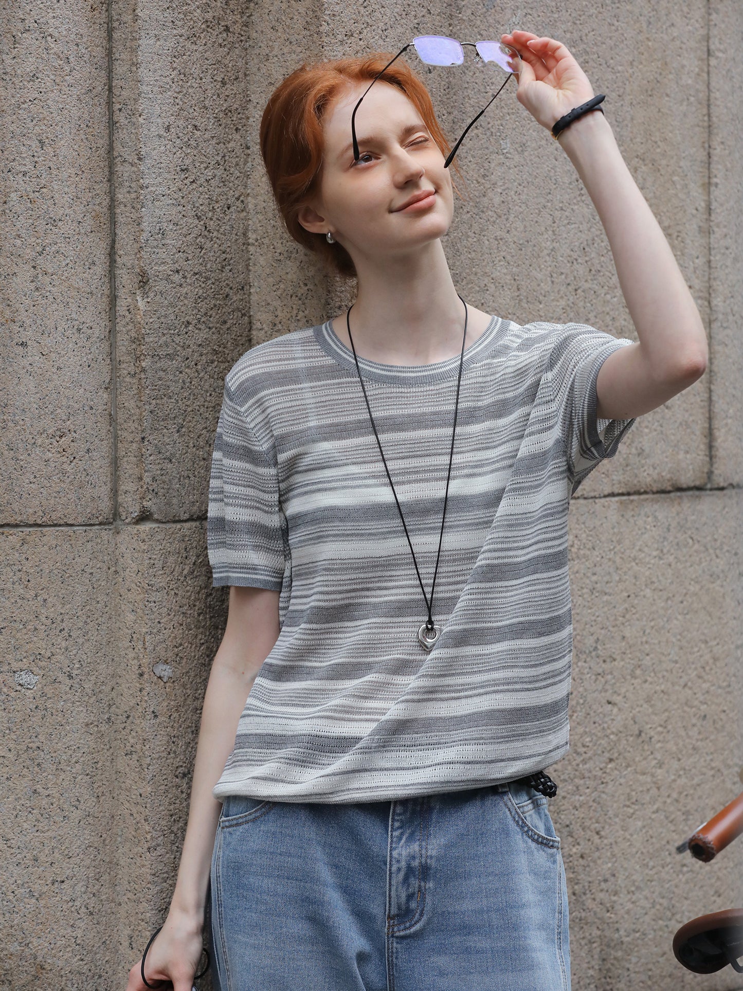 Short-Sleeve Striped Knit Top