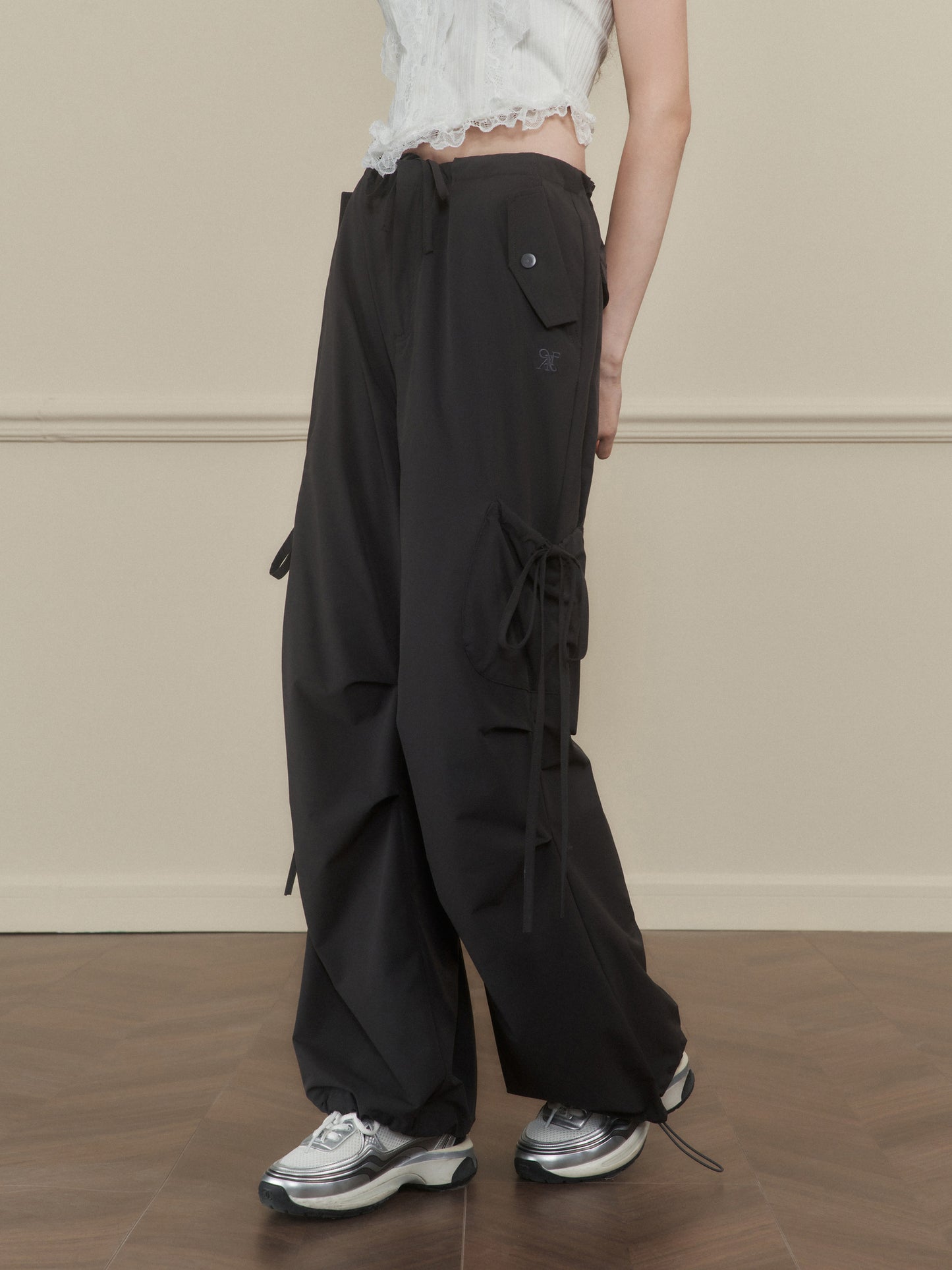 Wide-Leg Nylon Cargo Pants With Utility Pockets