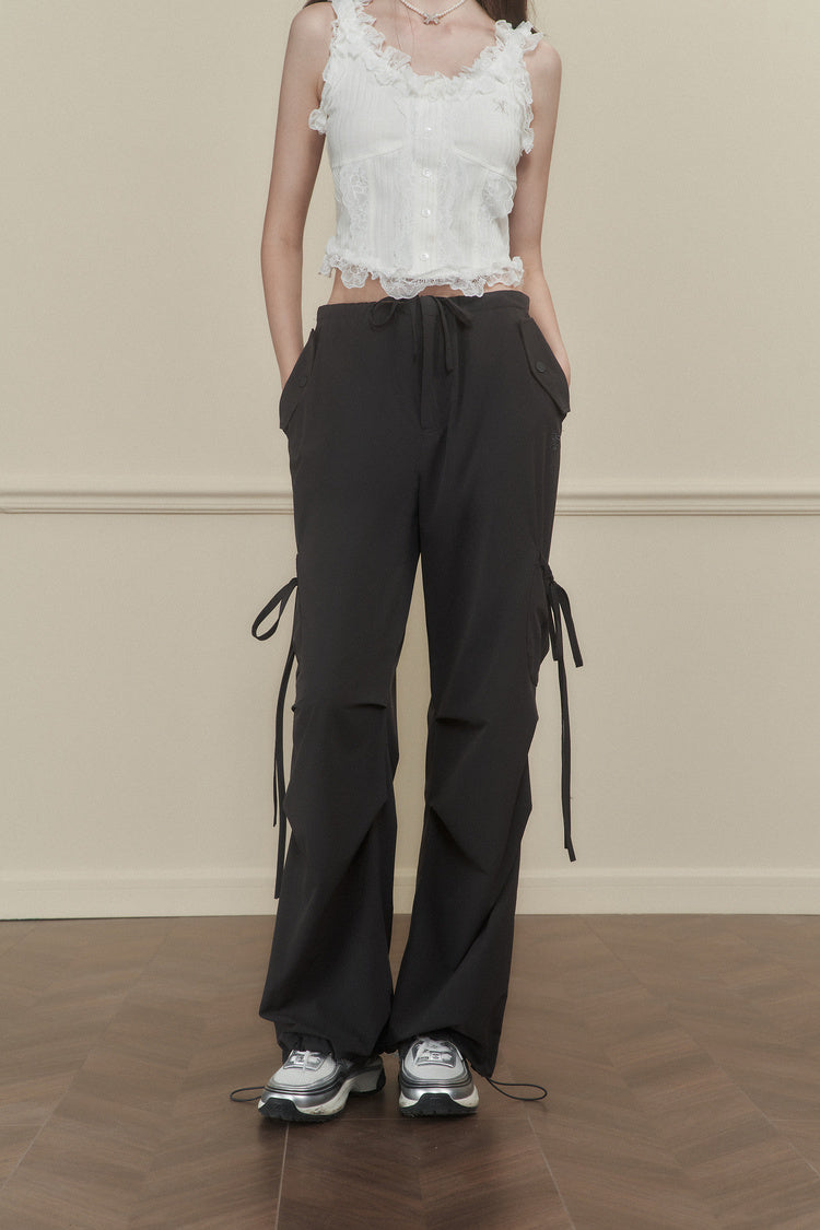 Wide-Leg Nylon Cargo Pants With Utility Pockets
