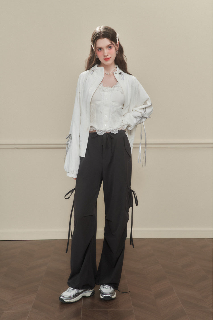 Wide-Leg Nylon Cargo Pants With Utility Pockets