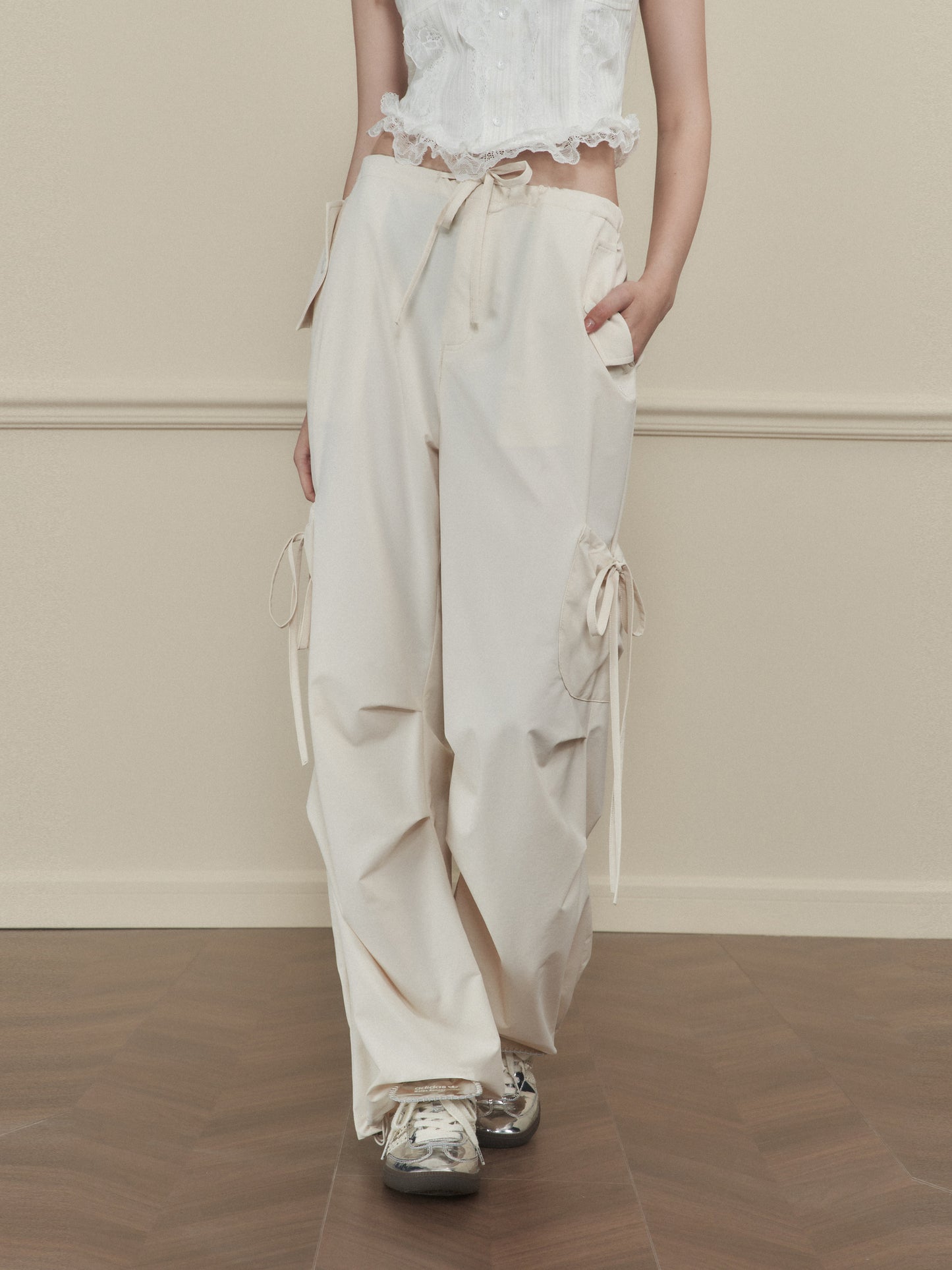 Wide-Leg Nylon Cargo Pants With Utility Pockets