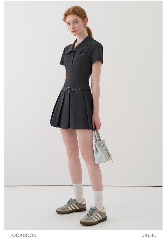Pleated Skirt Shirt Dress With Waist Belt