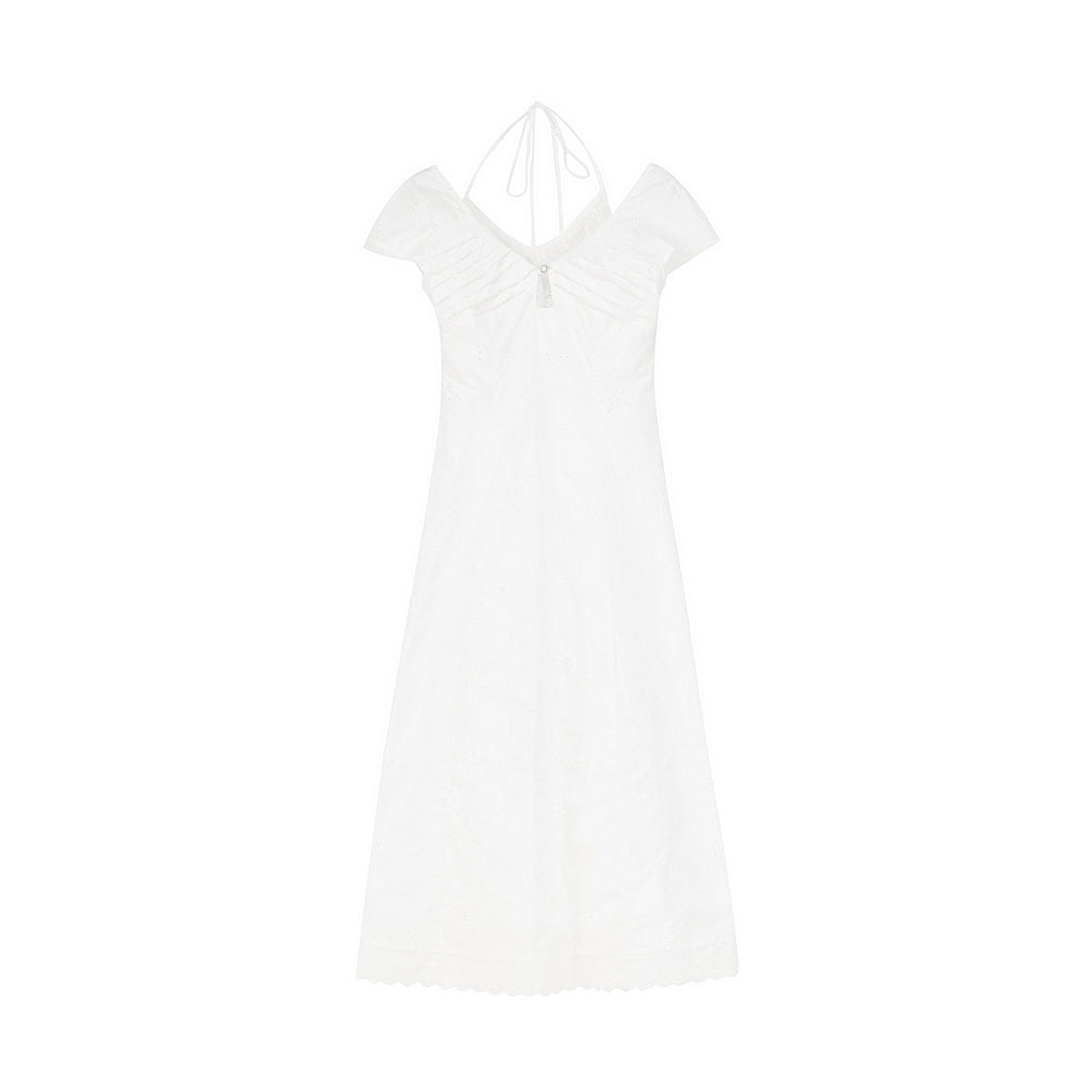 Floral Cotton Embroidered Dress With Pleated Detail