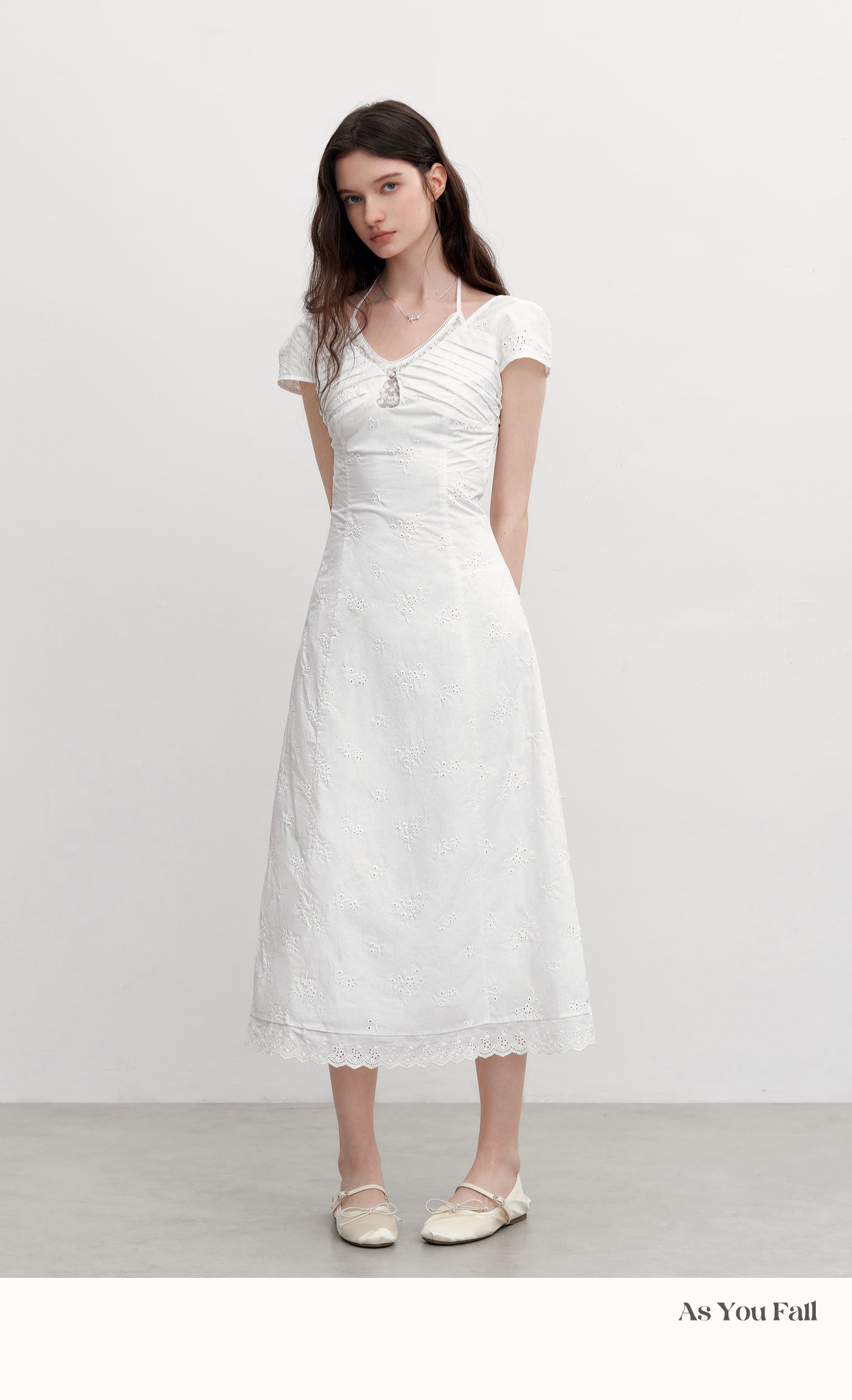 Floral Cotton Embroidered Dress With Pleated Detail