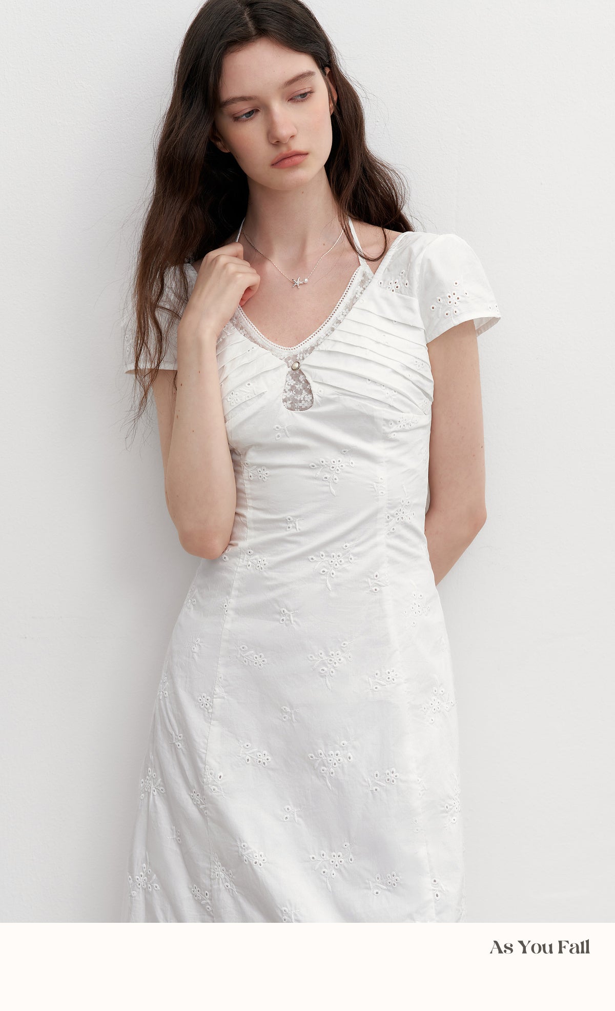 Floral Cotton Embroidered Dress With Pleated Detail
