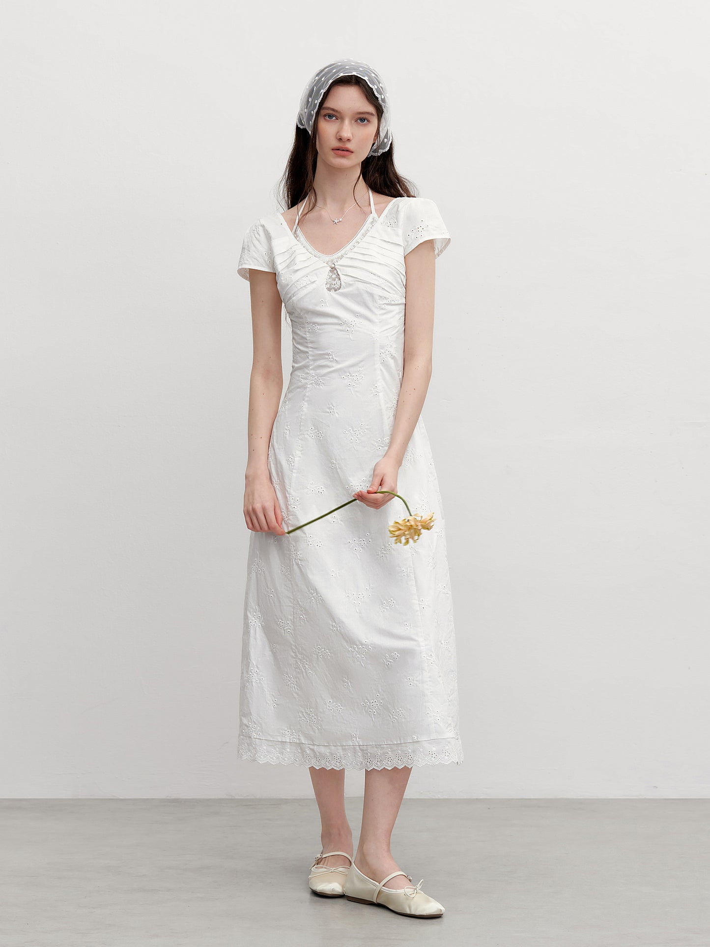 Floral Cotton Embroidered Dress With Pleated Detail