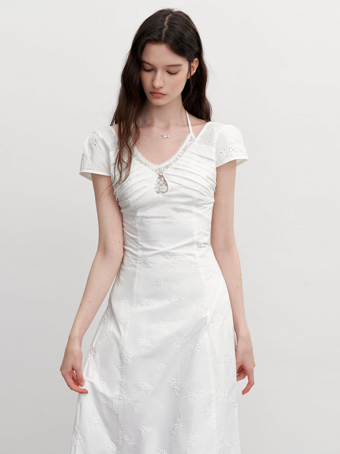 Floral Cotton Embroidered Dress With Pleated Detail