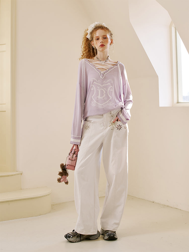 Floral Cutout Pocket Relaxed Fit Curved Pants