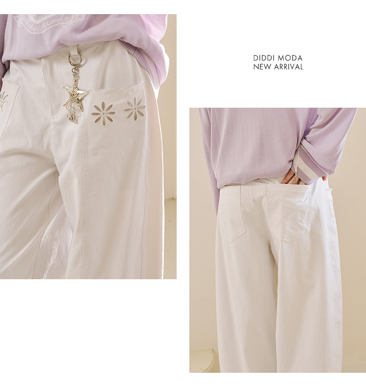 Floral Cutout Pocket Relaxed Fit Curved Pants