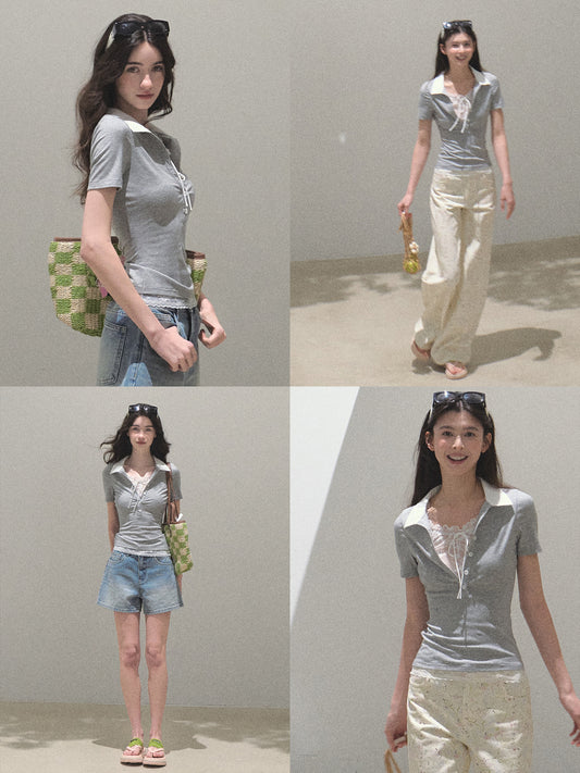 Layered-Look Polo Collar Top With Lace Detail
