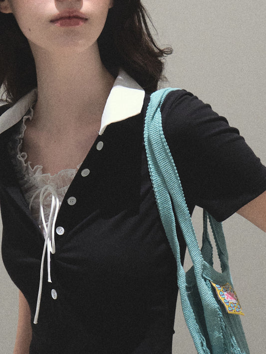 Layered-Look Polo Collar Top With Lace Detail