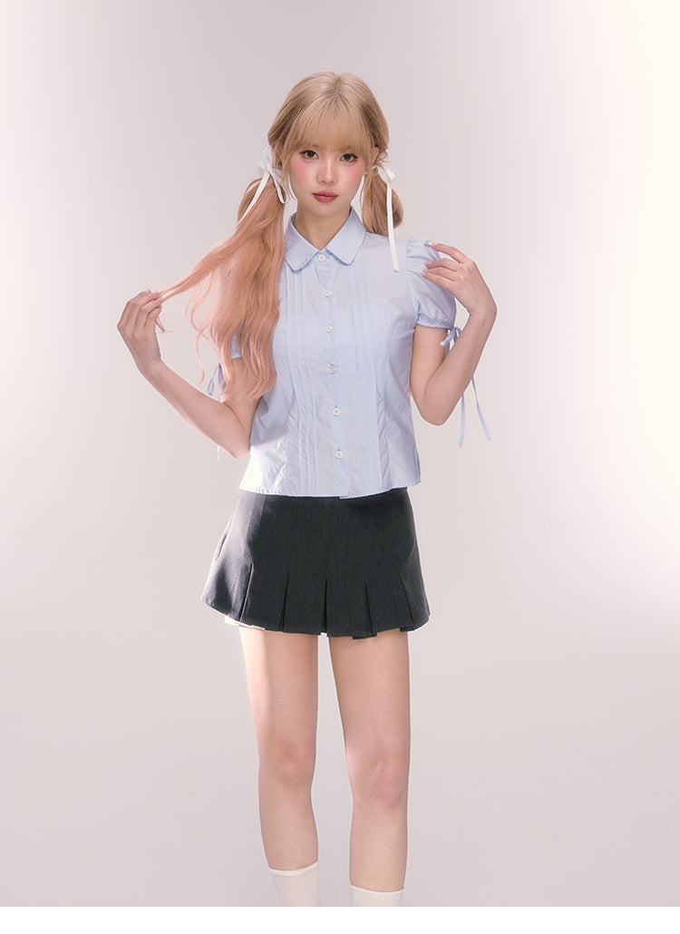 Pintuck Puff-Sleeve Cotton Blouse With Ribbons
