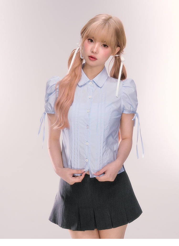 Pintuck Puff-Sleeve Cotton Blouse With Ribbons