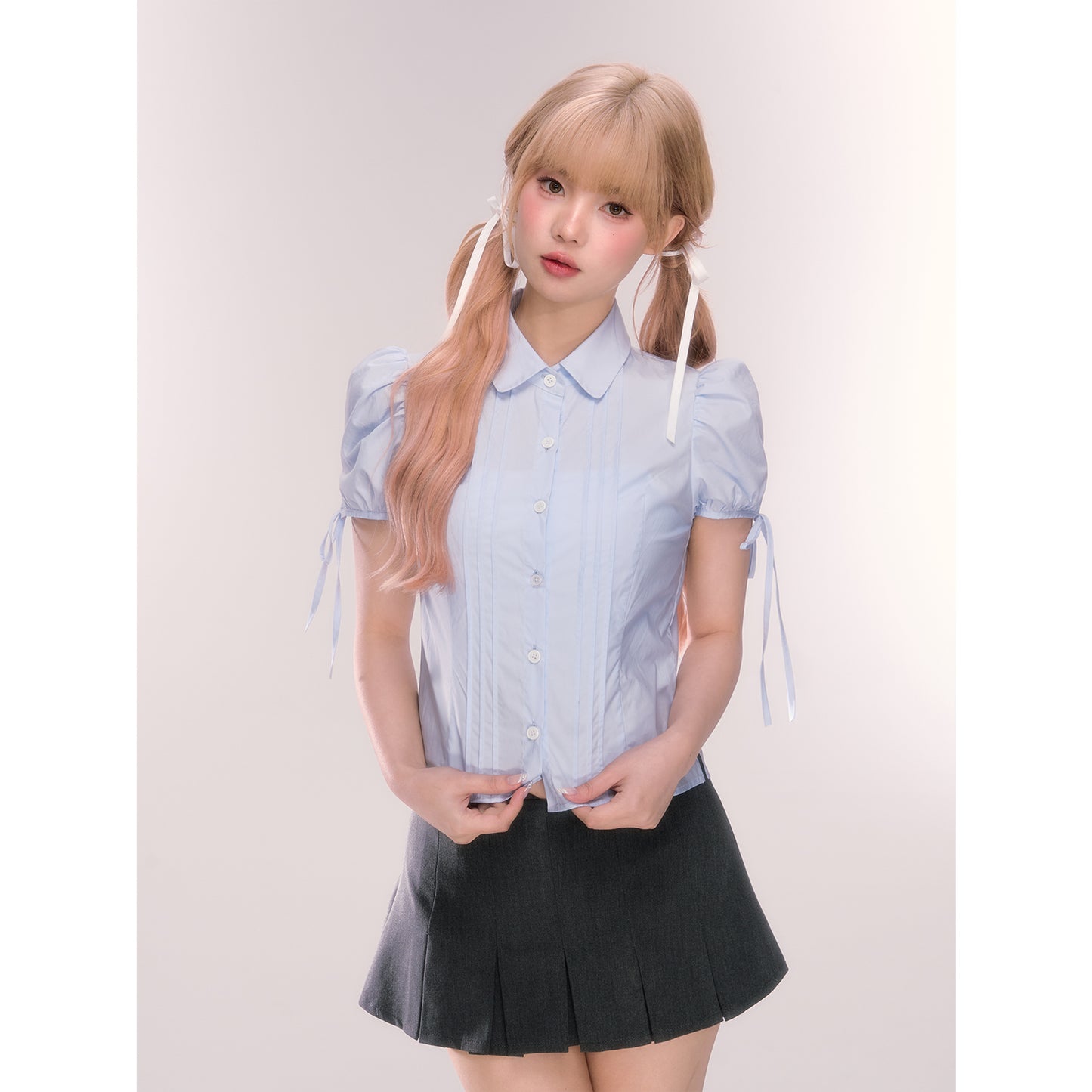 Pintuck Puff-Sleeve Cotton Blouse With Ribbons