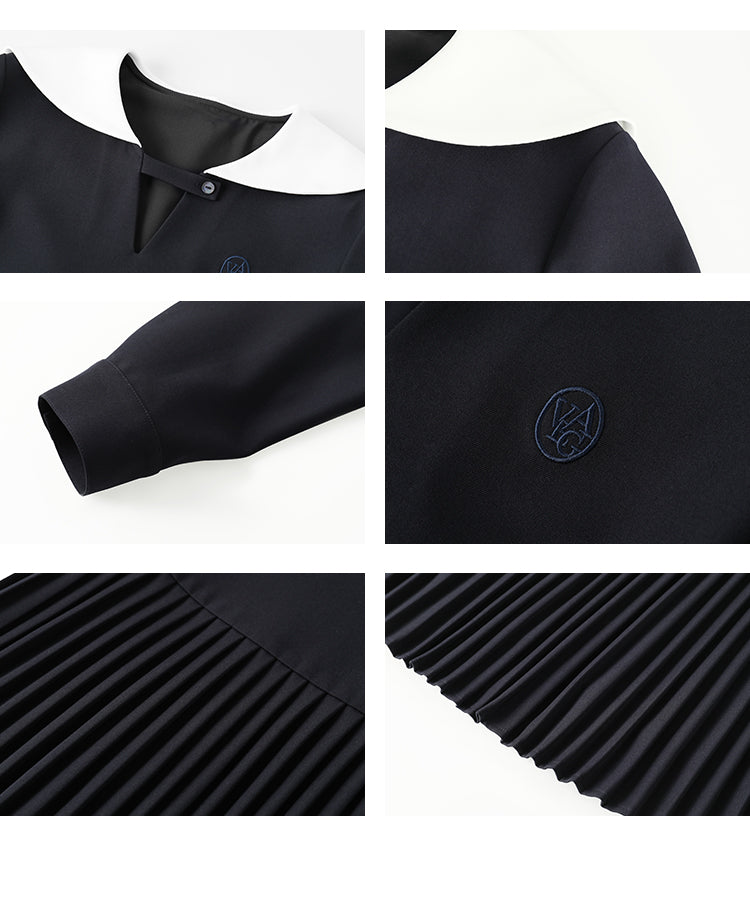 Embroidered Pleated Dress With Sailor Collar