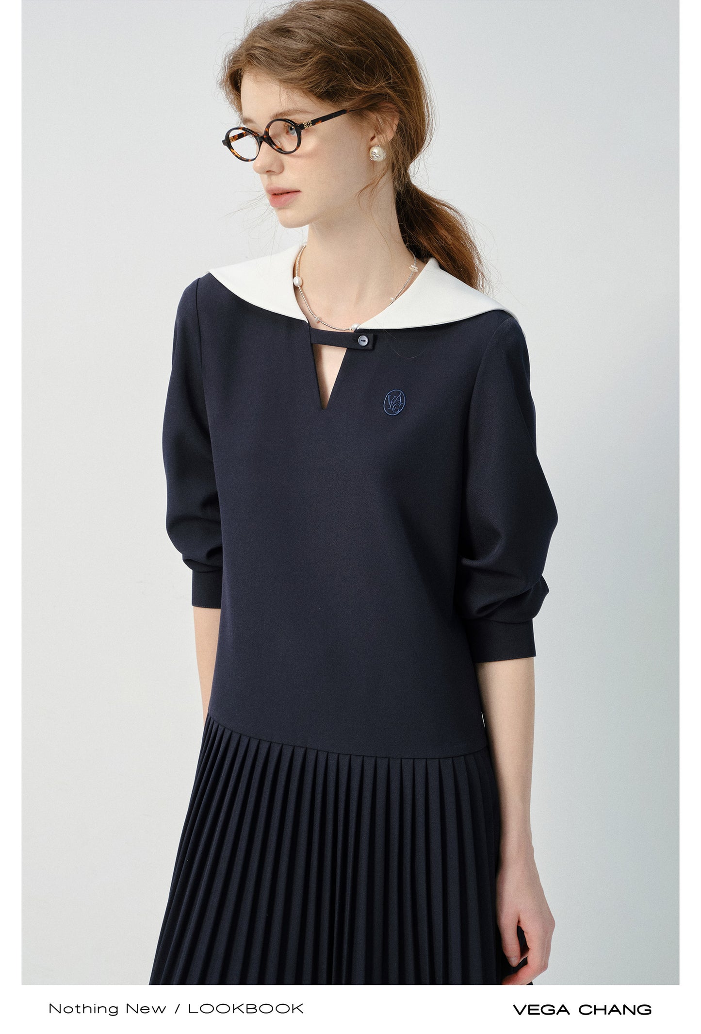 Embroidered Pleated Dress With Sailor Collar