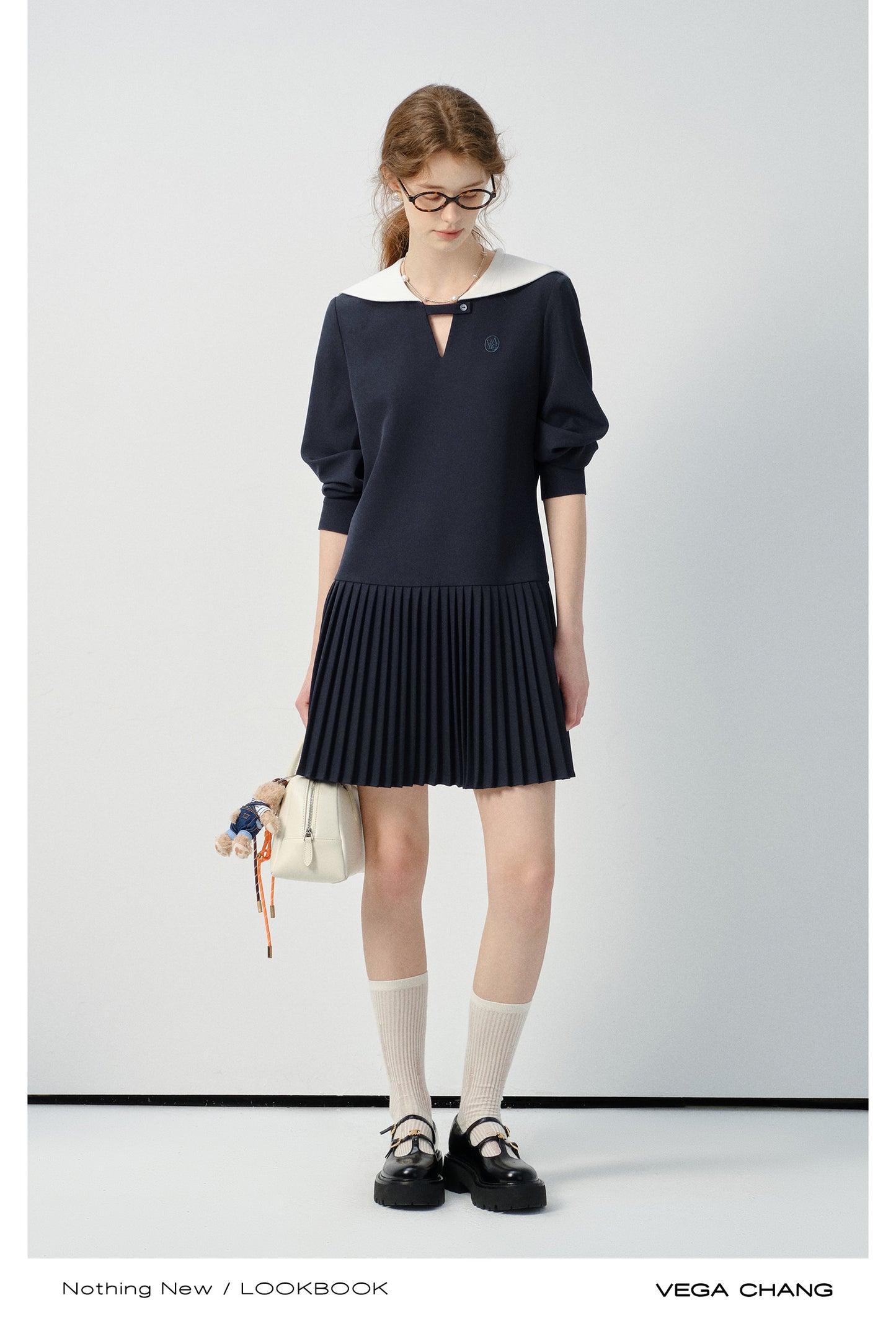 Embroidered Pleated Dress With Sailor Collar
