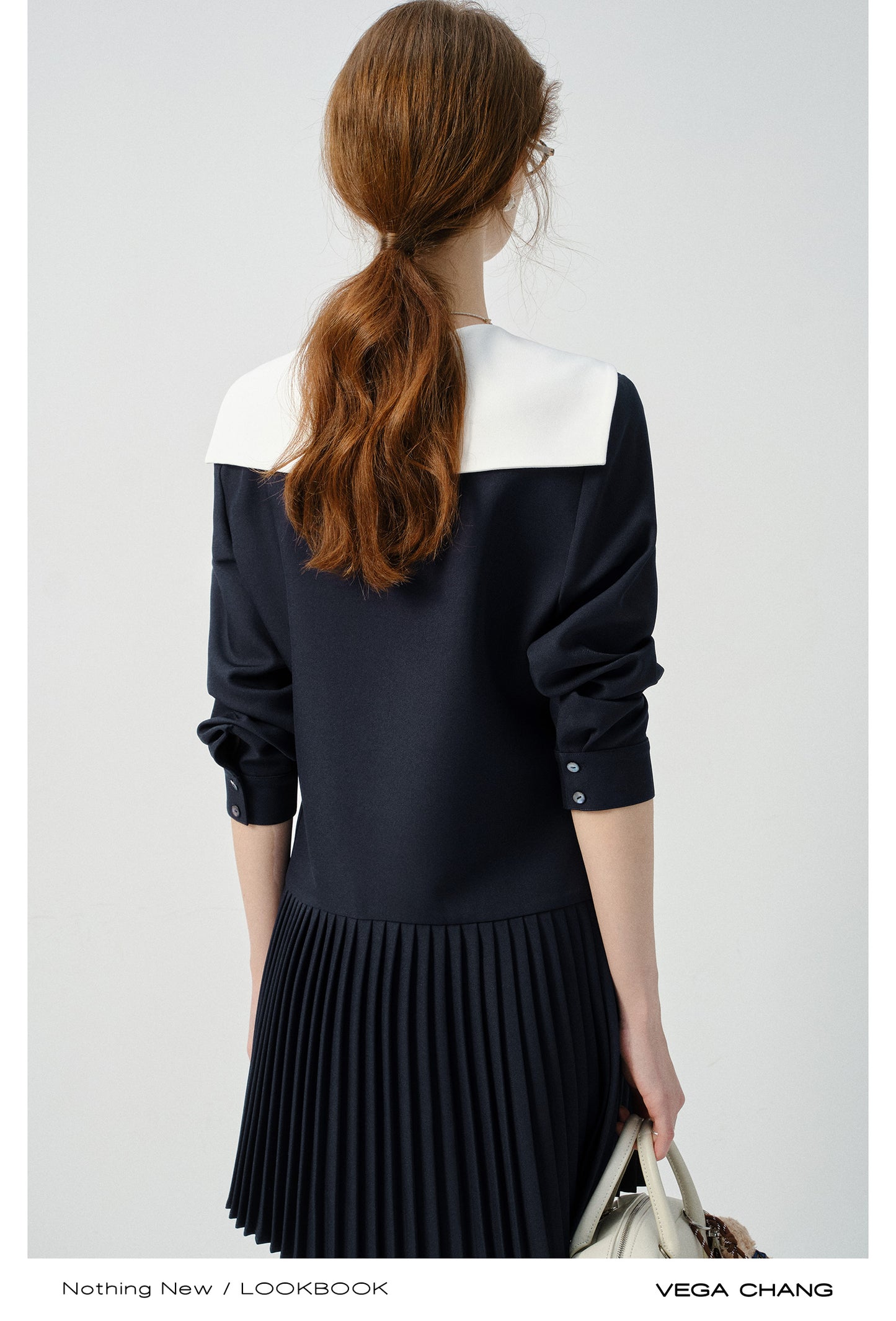 Embroidered Pleated Dress With Sailor Collar