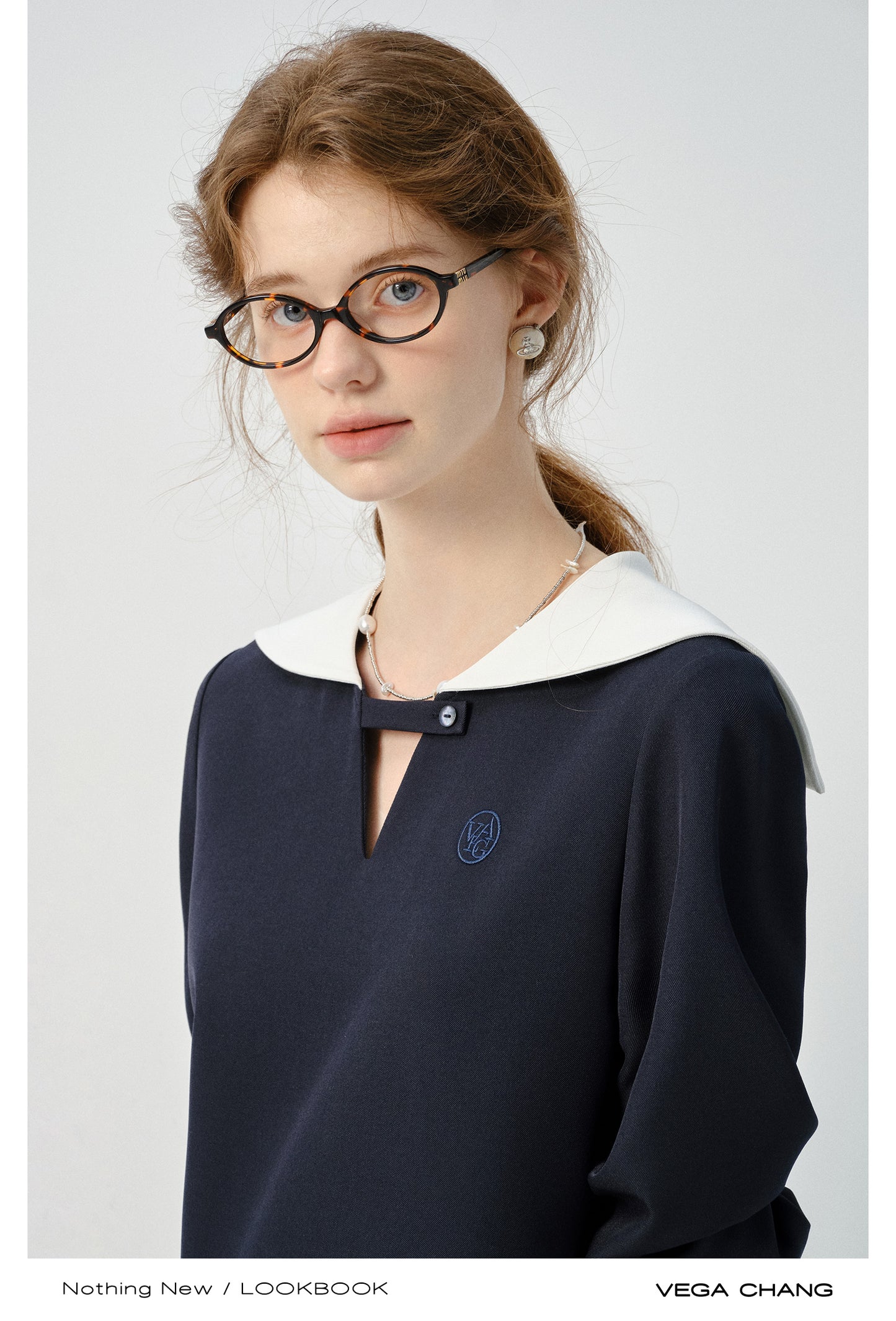 Embroidered Pleated Dress With Sailor Collar