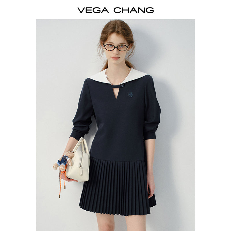 Embroidered Pleated Dress With Sailor Collar