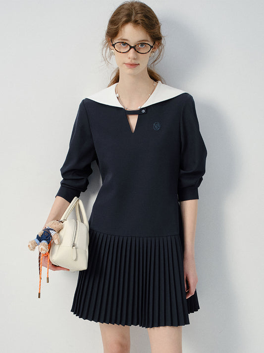 Embroidered Pleated Dress With Sailor Collar