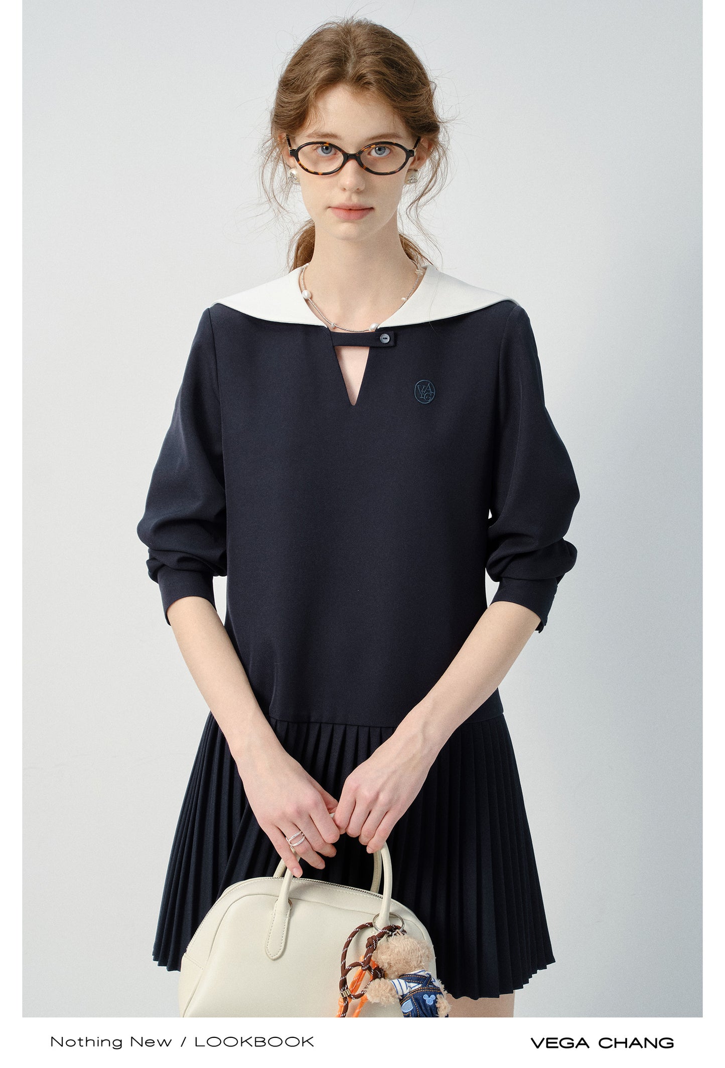 Embroidered Pleated Dress With Sailor Collar