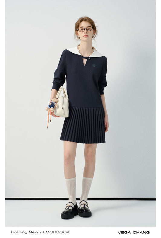 Embroidered Pleated Dress With Sailor Collar