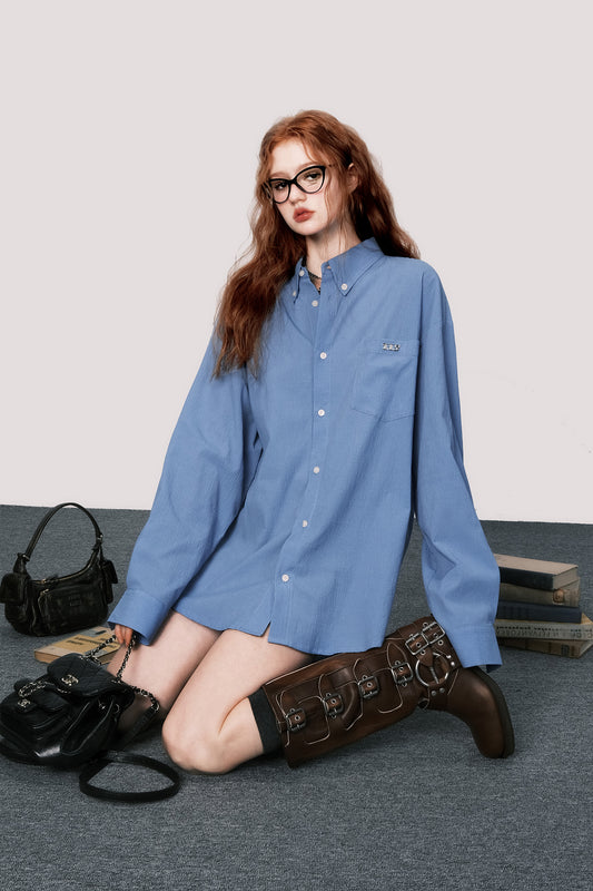 Relaxed Fit Crinkled Cotton Boyfriend Shirt