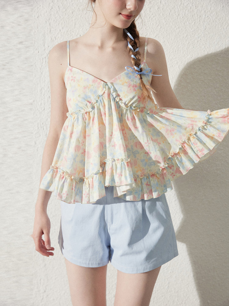 Floral Ruffled V-Neck Cami Top