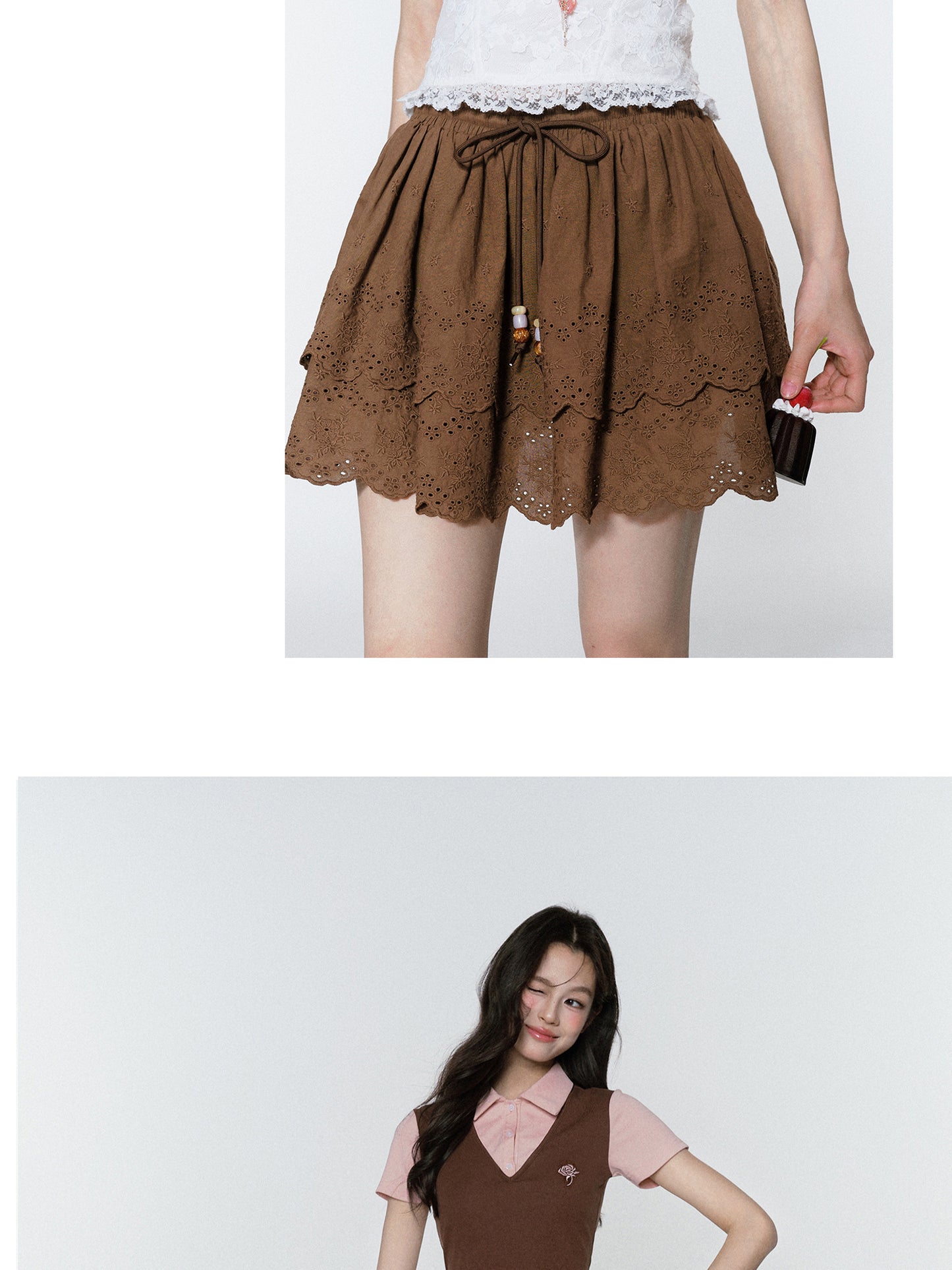 Embroidered Tiered Skirt With Beaded Drawstring