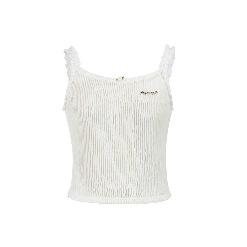 Stripe Pleated Sleeveless Top With Lace Details
