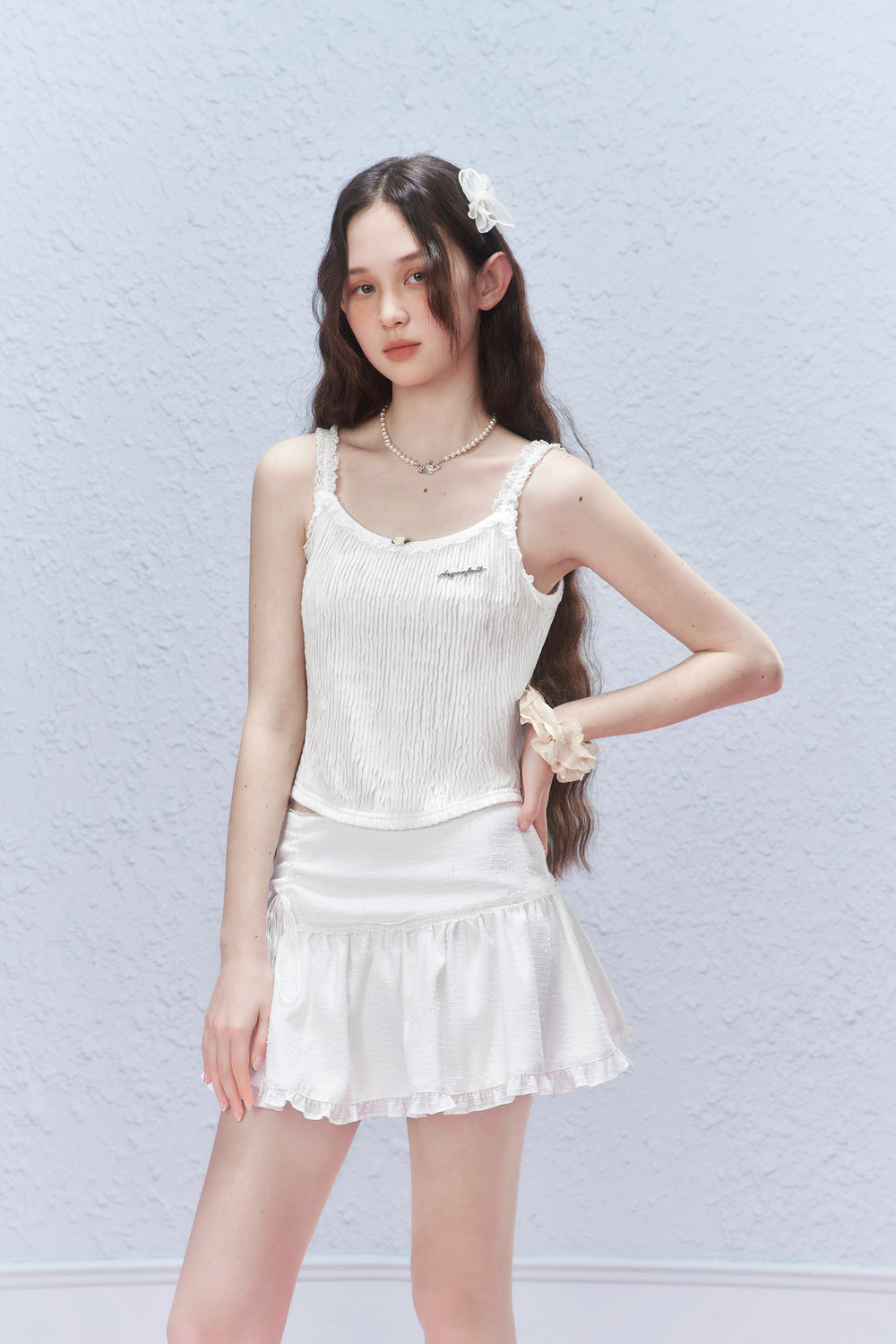 Stripe Pleated Sleeveless Top With Lace Details