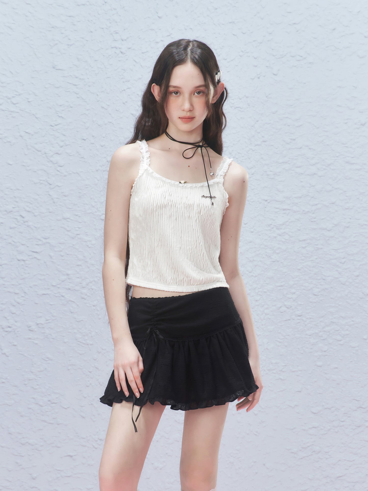 Stripe Pleated Sleeveless Top With Lace Details