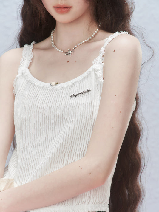 Stripe Pleated Sleeveless Top With Lace Details