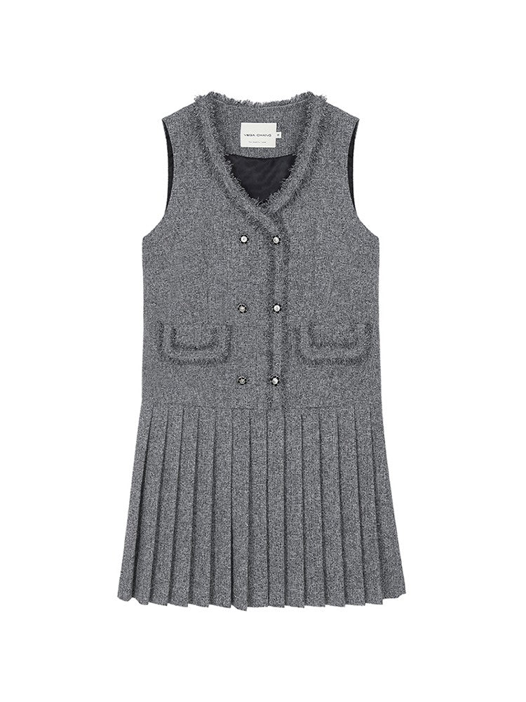 Pleated Tweed Vest Dress With Fringed Edges