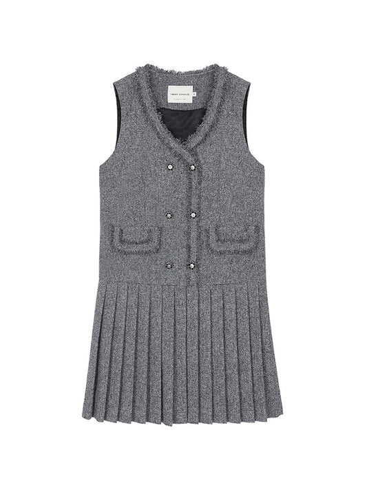Pleated Tweed Vest Dress With Fringed Edges
