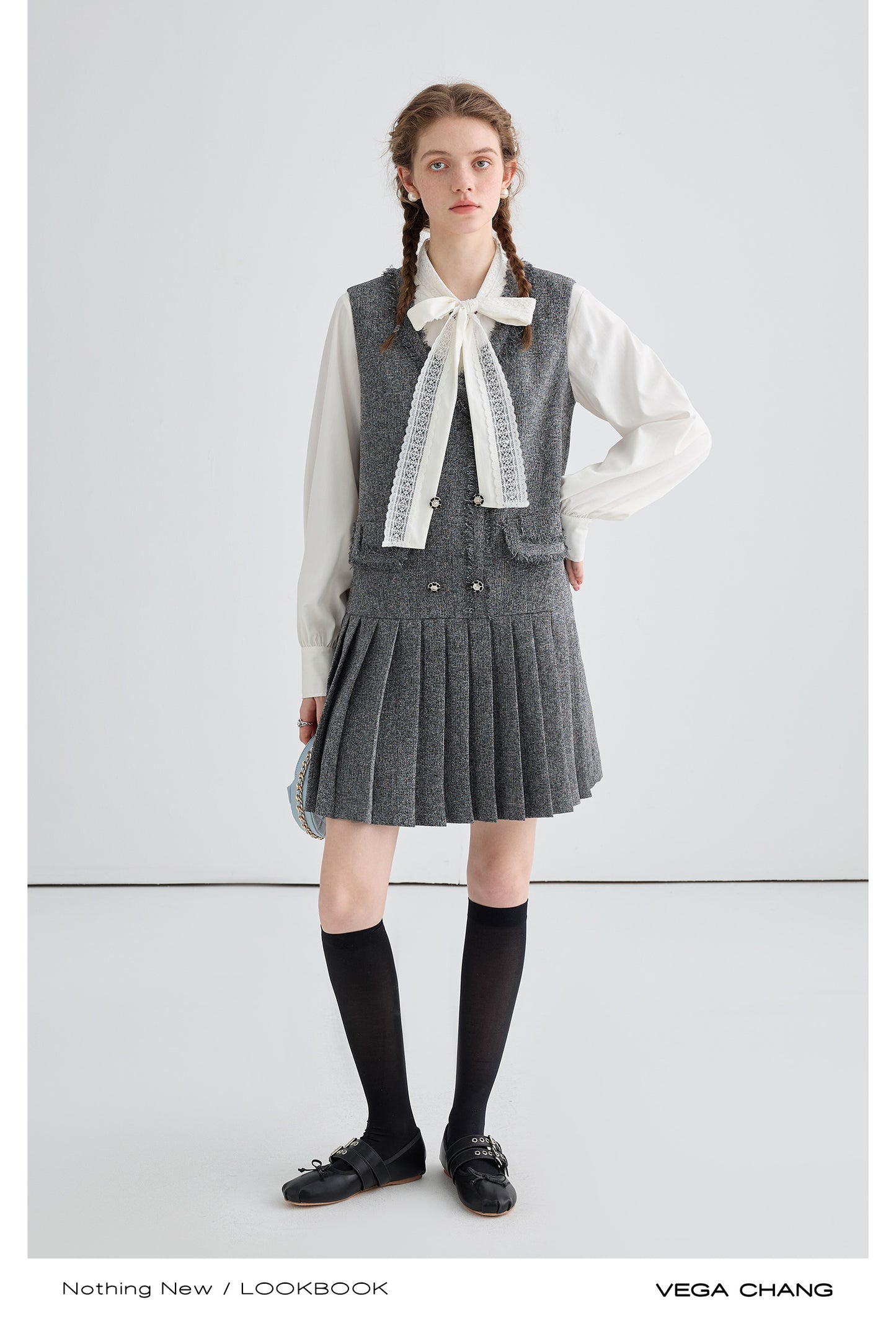 Pleated Tweed Vest Dress With Fringed Edges