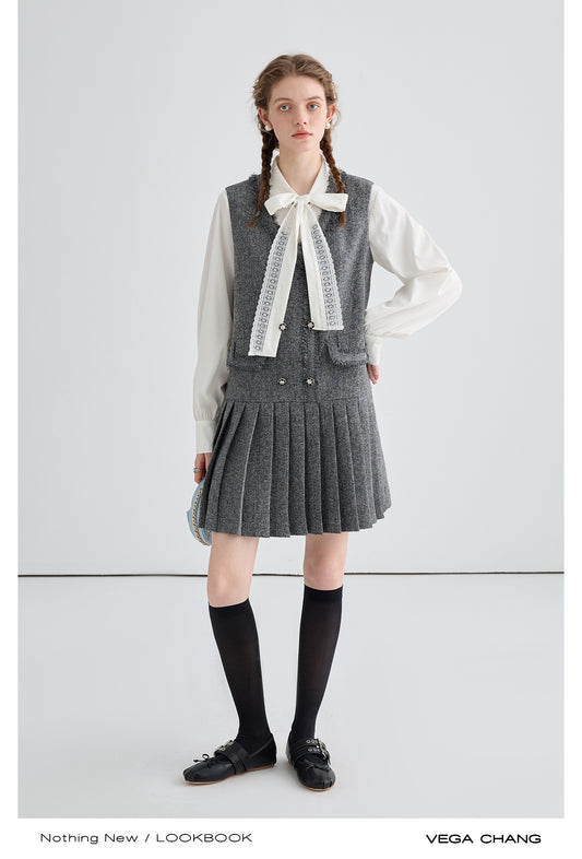 Pleated Tweed Vest Dress With Fringed Edges