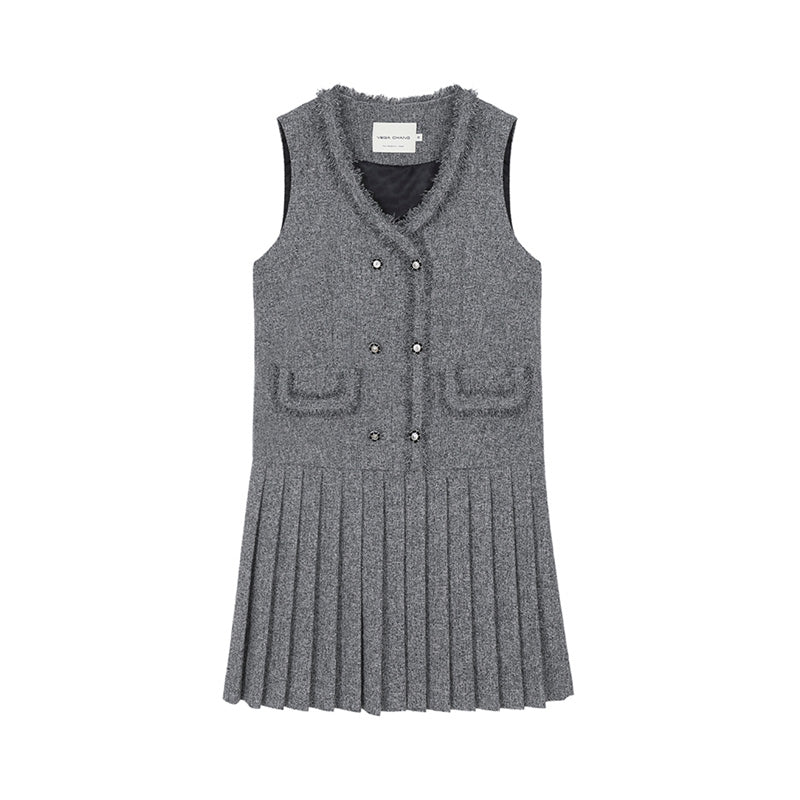 Pleated Tweed Vest Dress With Fringed Edges