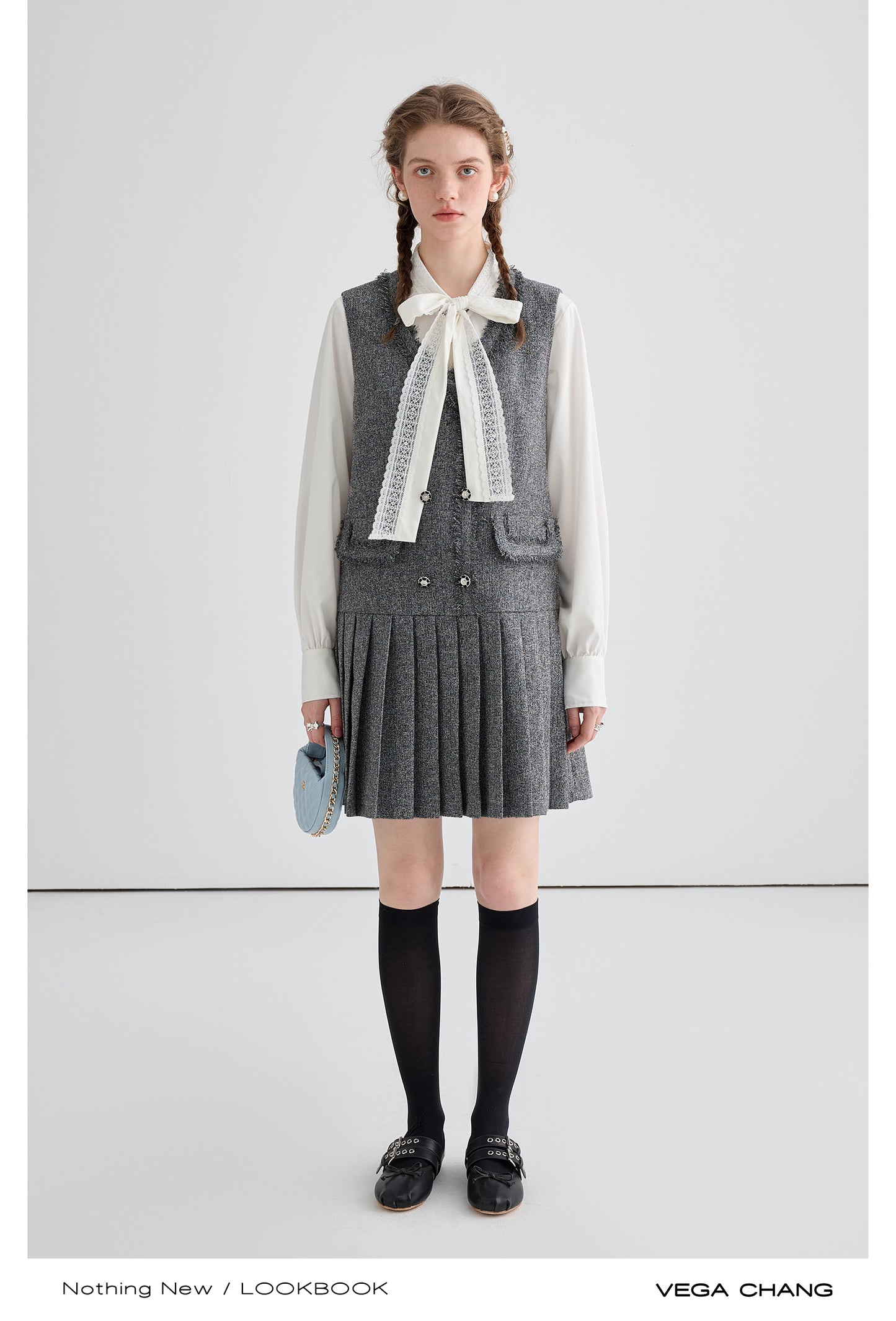 Pleated Tweed Vest Dress With Fringed Edges