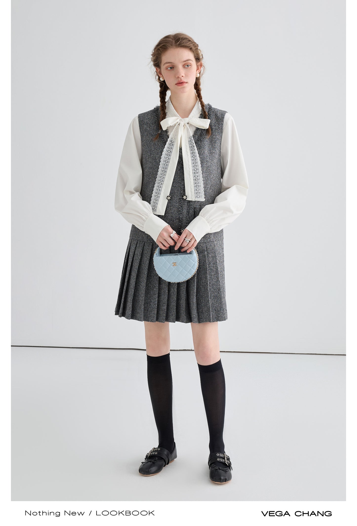 Pleated Tweed Vest Dress With Fringed Edges