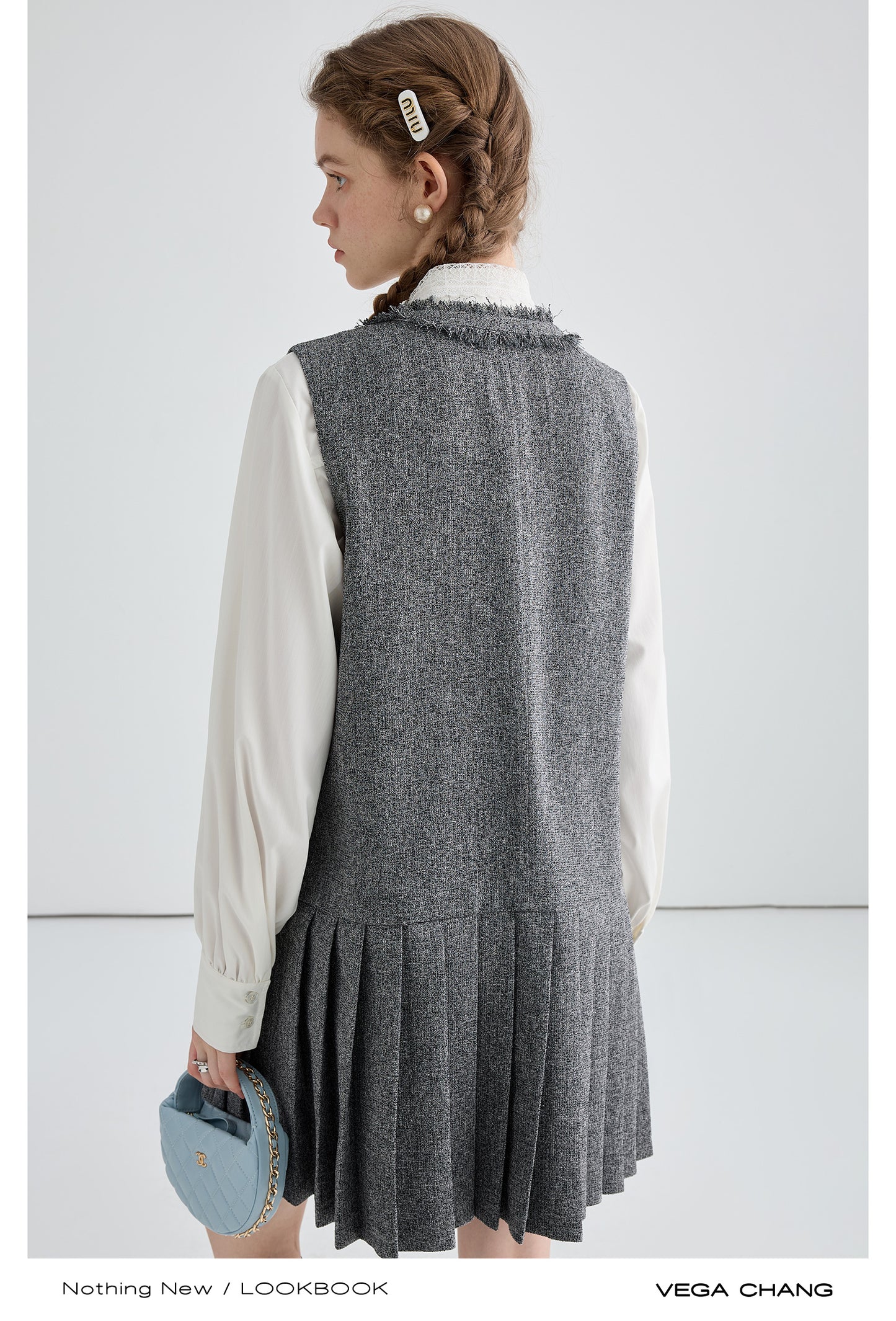 Pleated Tweed Vest Dress With Fringed Edges